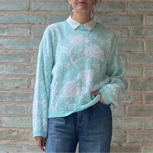 Vintage Granny Sweater 80s Pastel Aqua Green Intarsia Rose Cozy Kawaii Knit L